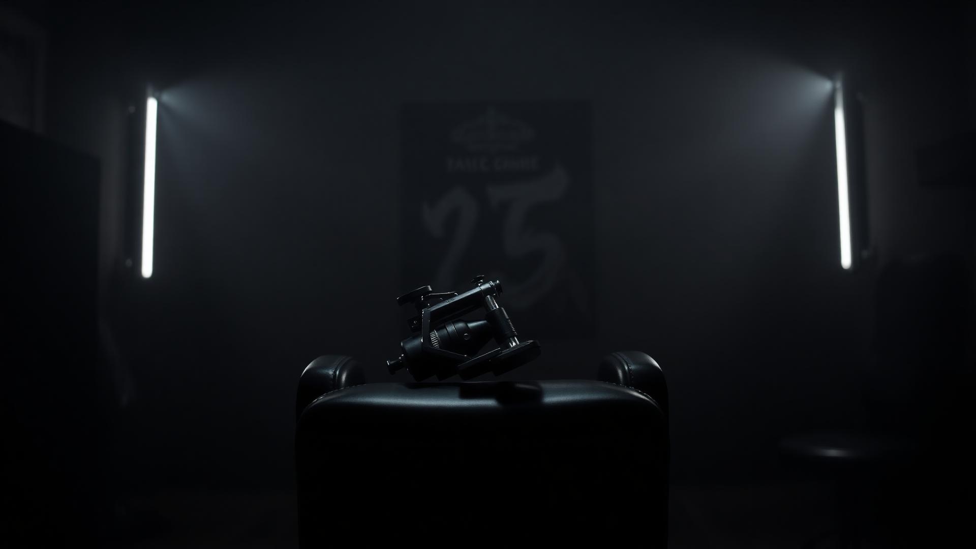 Dark tattoo studio with a machine resting on the chair